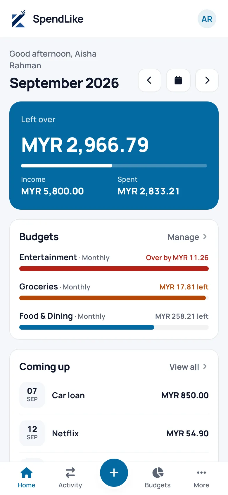 SpendLike dashboard on a phone